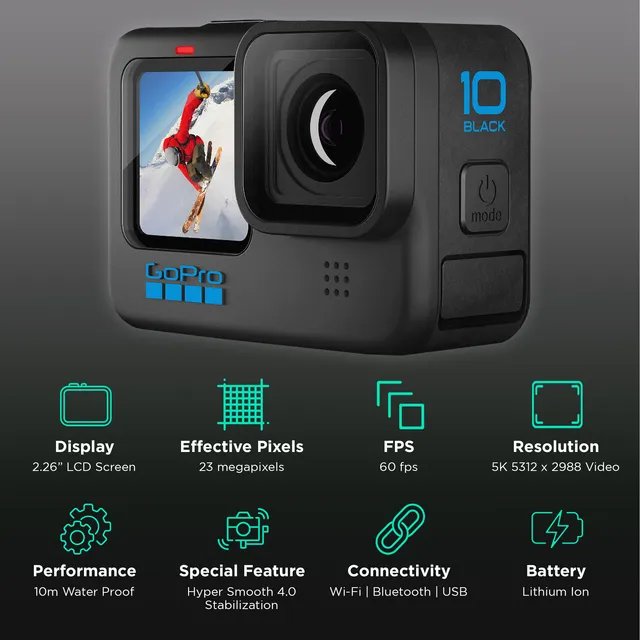 GoPro Hero10 5.3K and 23MP 60 FPS Waterproof Action Camera with Touch Screen (Black)

