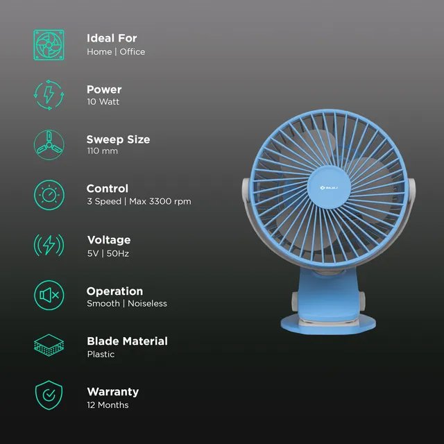 BAJAJ Pygmy Mini 110mm 3 Blade Rechargeable Personal Fan with 1800 mAh Battery (Silent Operation, Cerulean Blue)