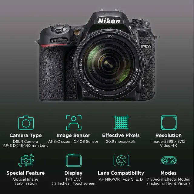 Nikon D7500 20.9MP DSLR Camera (18-140 mm Lens, 23.5 x 15.7 mm Sensor, Game Changing Resolution)
