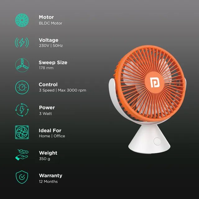 PORTRONICS Aero Breeze 178mm 3 Blade BLDC Motor Table Fan (360 Degree Cooling, White)

