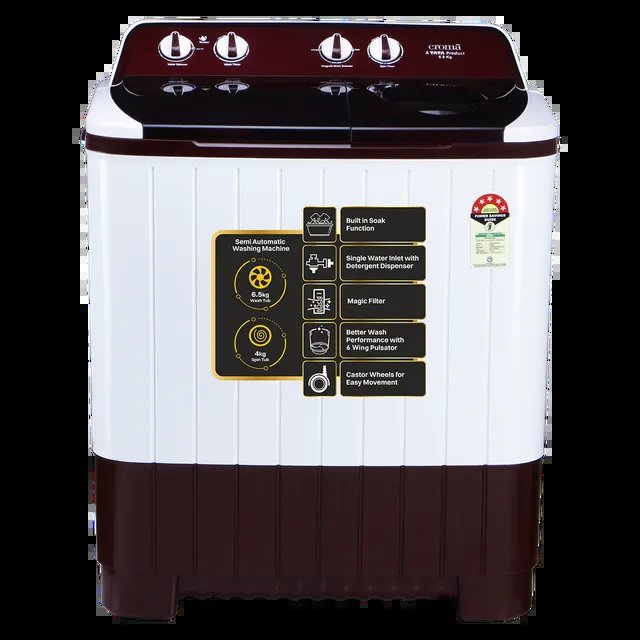 Croma 6.5 kg 5 Star Semi Automatic Washing Machine with Built-in Soak Function (2025 Model, Burgundy)
